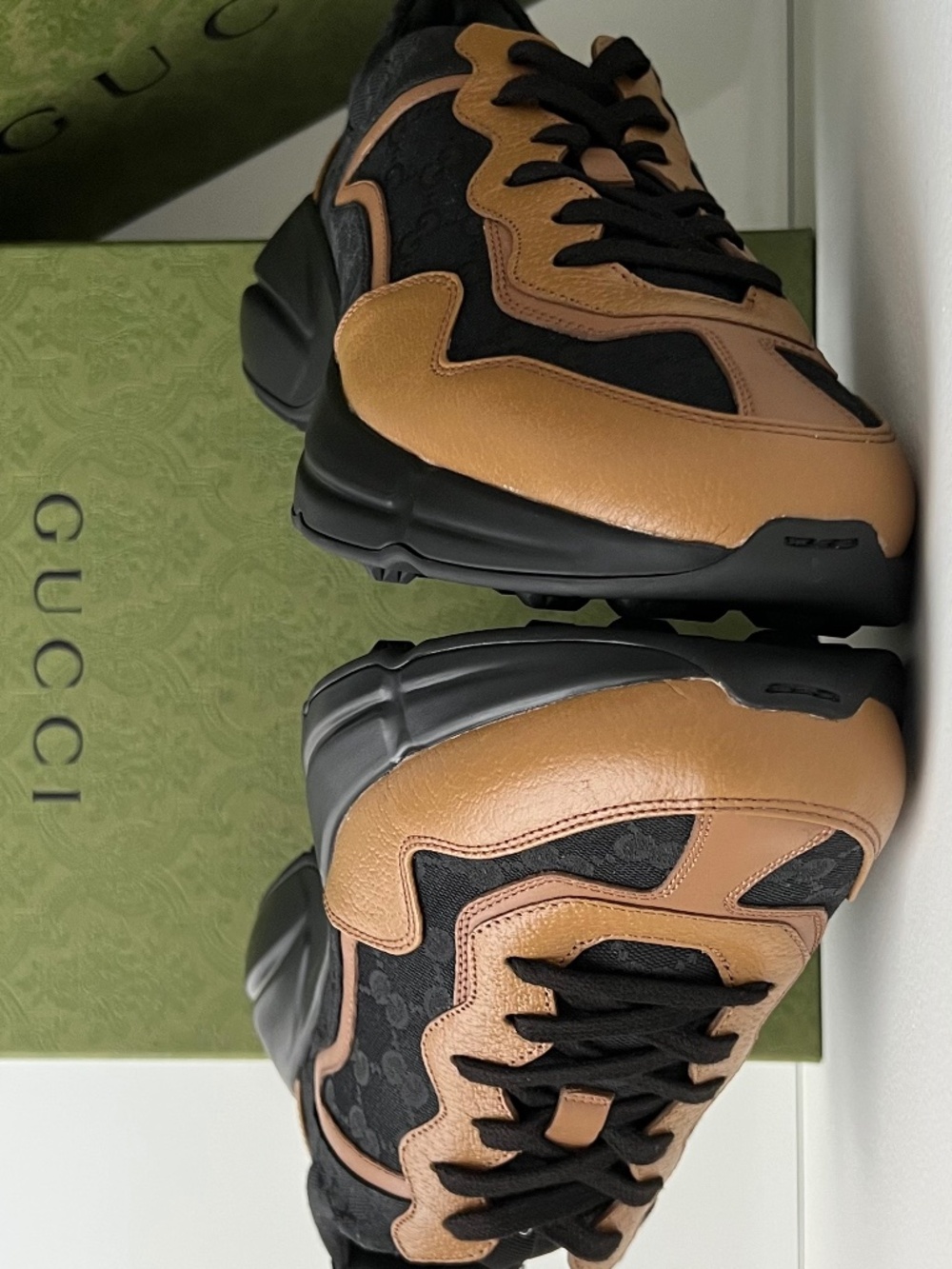 Gucci Men's Rhyton Sneakers Black GG Logo Brown Leather Lace Up Robber Sole US12